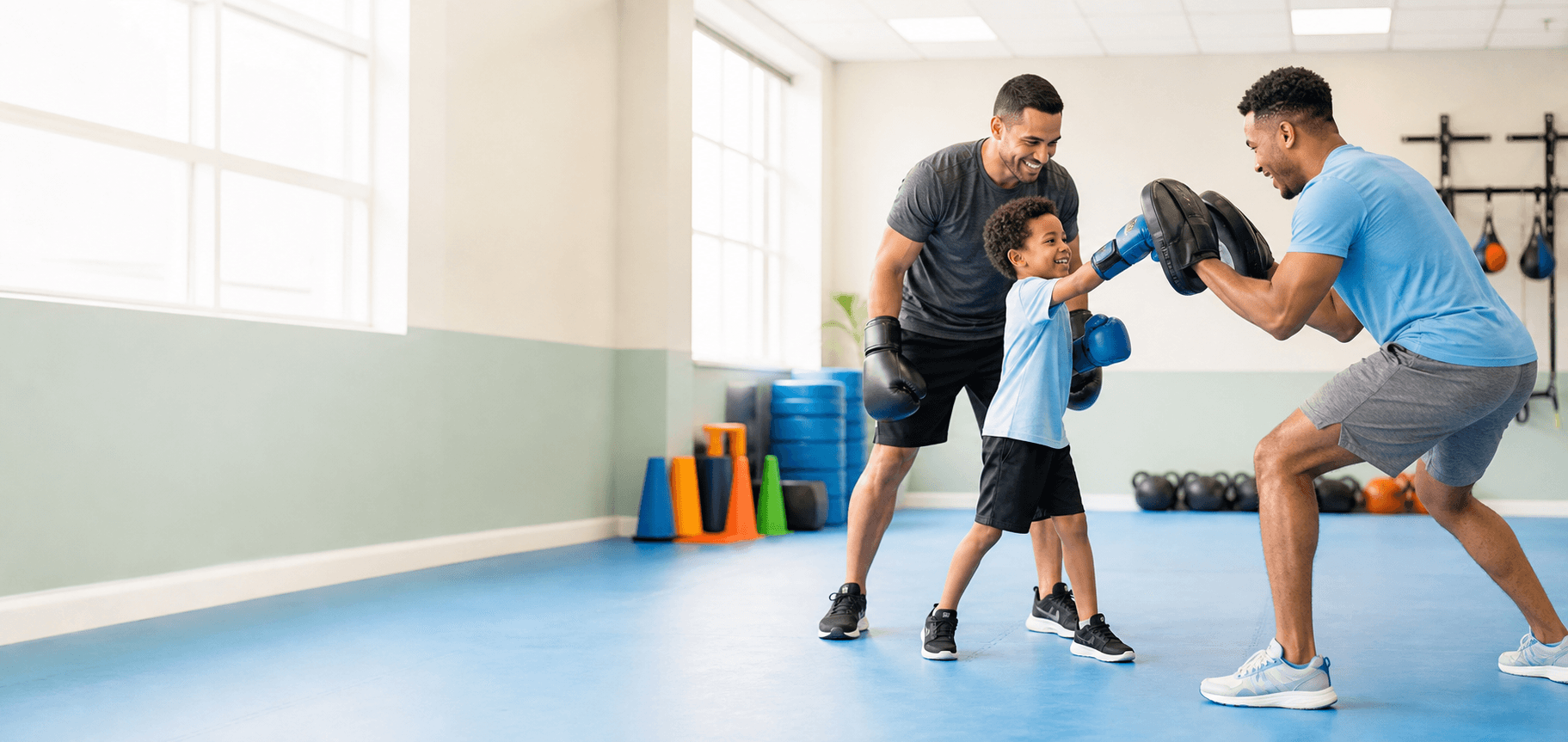 A father and child practicing safe boxing pad drills with a friendly coach